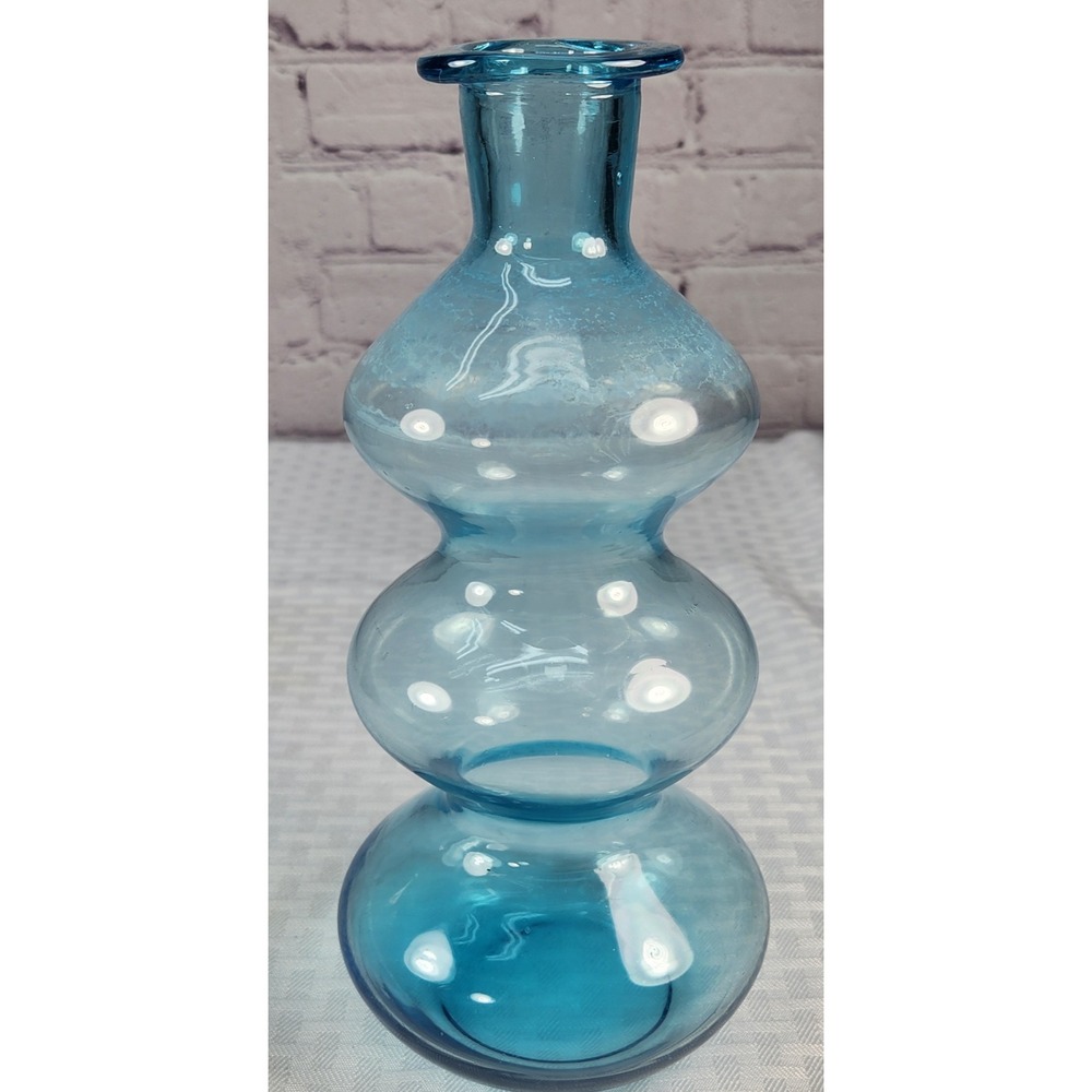 Vintage Murano Empoli Style Triple Gourd Bunble Blue Hand Blown Art Glass Vase